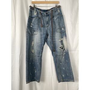 OH Jeans Barrel Leg Distressed Light Wash Mid Rise Drawstring Baggy Wide Leg MED